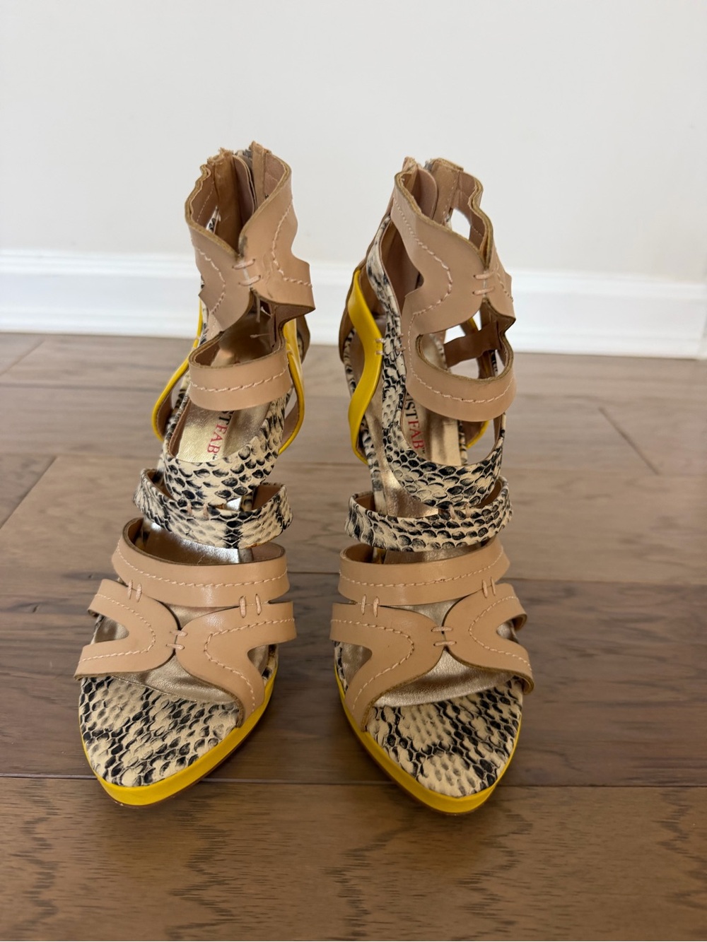 JustFab Tan Snake-Print Strappy Heels with Yellow Sole